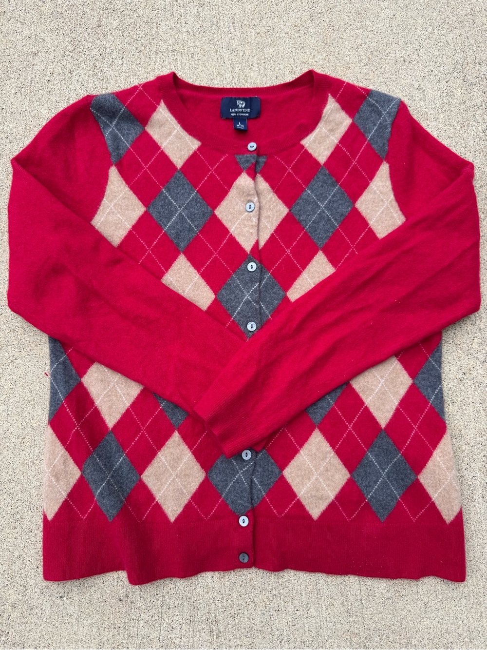 Lands' End Red Argyle Cashmere Cardigan Tan Gray Diamonds - Size XL